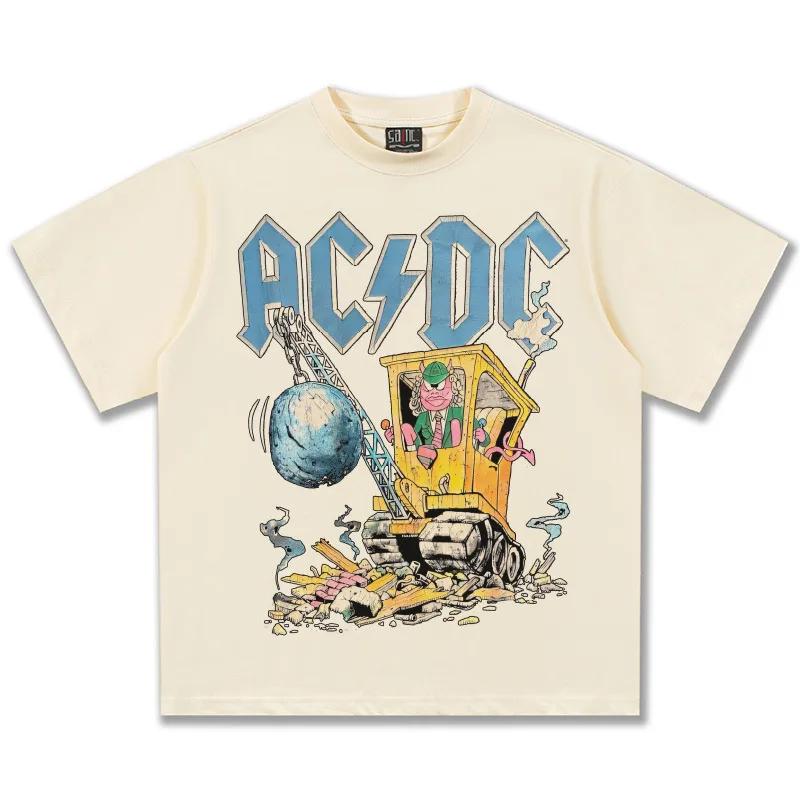 2025 Men's 100% Pure Cotton Rock Band Retro Print Short-sleeved T-shirt, Fashionable Loose High-quality Top