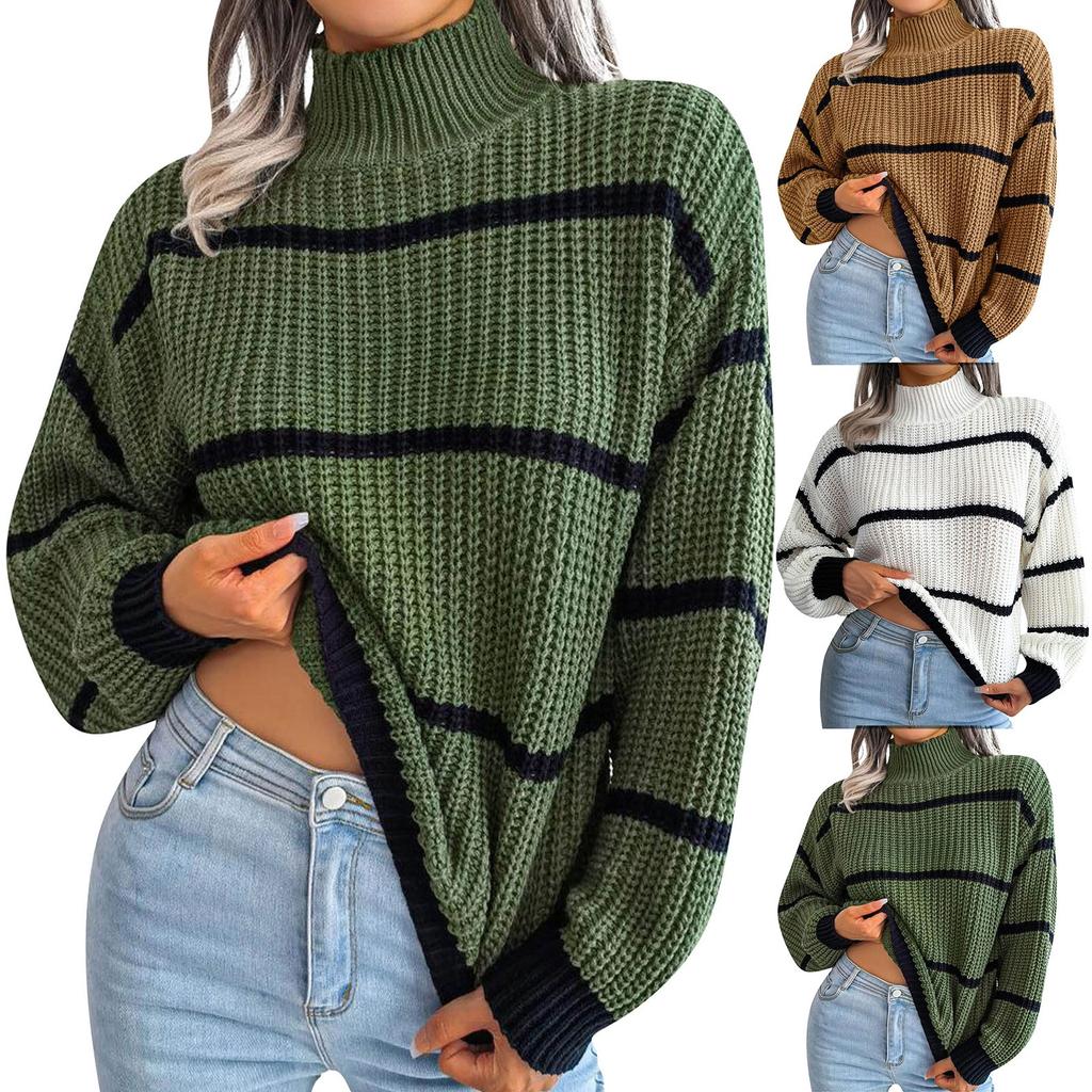 Women's Casual Striped Long Sleeved Half Turtleneck Sweater