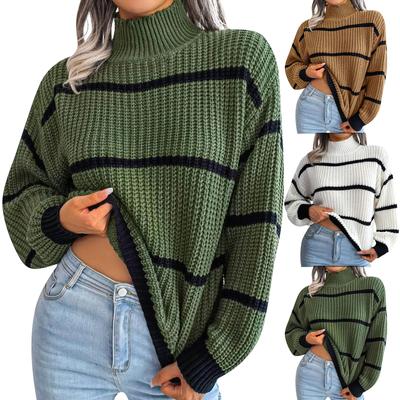 Women's Casual Striped Long Sleeved Half Turtleneck Sweater