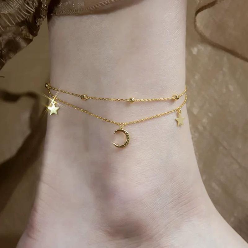 Luxury Zirconia Star & Moon Tassel Anklet - High-End Niche Style