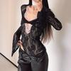 Pure Desire V-Neck Lace Patchwork Bodysuit with Bell Sleeves & High Waist Mesh Jumpsuit
