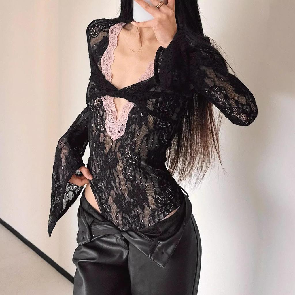 Pure Desire V-Neck Lace Patchwork Bodysuit with Bell Sleeves & High Waist Mesh Jumpsuit