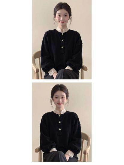 Elegant Black Velvet Lace Trim Women's Top - Chinese Style, Slimming & Versatile for Autumn/Winter 2026.