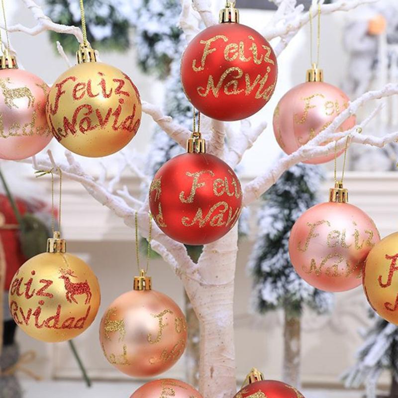 6Pcs Christmas Tree Plastic Hanging Ball Ornaments Glitter Letters Deer Snowflake Printed Shatterproof Pendants Baubles