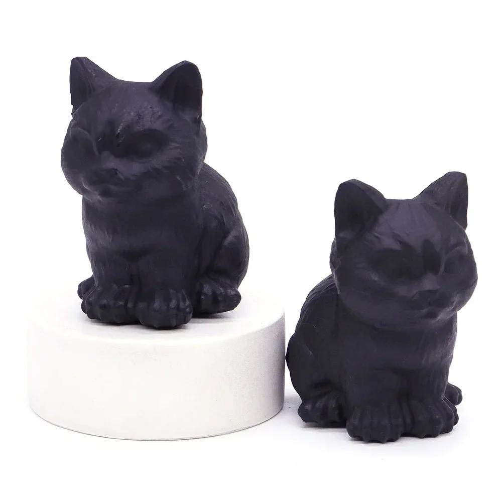 2" Söt Katt Naturlig Matt Svart Obsidian Reiki Healing Kristallsten Snideri Hemdekoration Ädelsten Djurstaty Hantverk Gåva