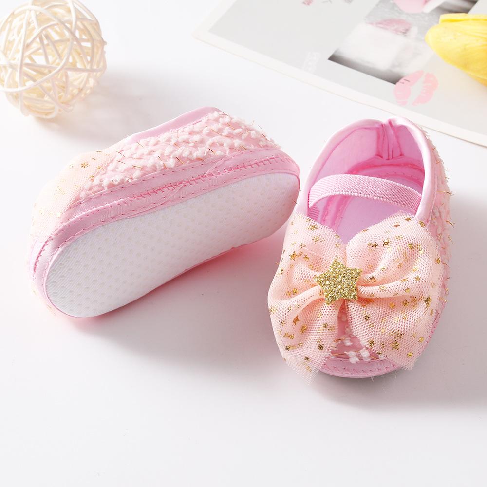 Wwo-piece Set Baby Girls Glitter Star Tulle Bow Crib Shoes & Matching Elastic Headband Set, Soft Dot Anti-Slip Sole Mary Jane Princess Shoes