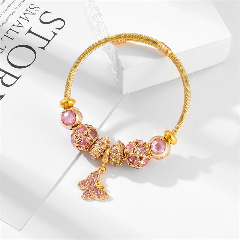 

Exquisite Beaded Swan Bracelet With Crystal Rhinestones Lucky Cat Butterfly Charm Stainless Steel Bangle