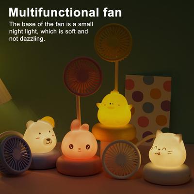 Cartoon Animal Night Light Fan with Flexible Neck USB Rechargeable Bedside Light Desk Fan Low Noise Cooling Fan with Night Lamp