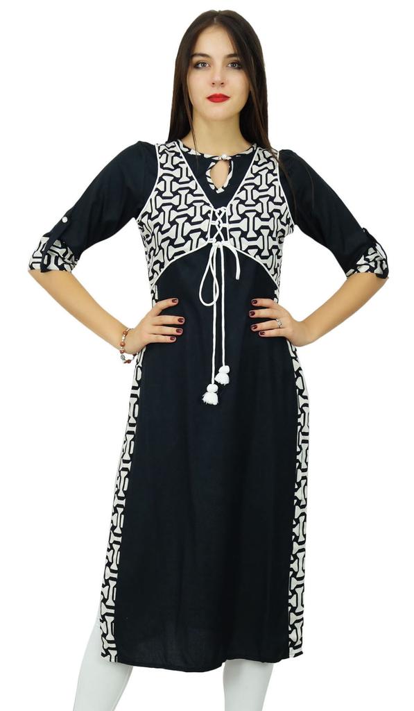 Bimba Designer Black Straight Kurti Designer Rayon Kurta With Attached