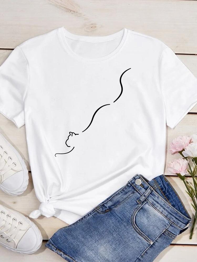 Ny Søt Kjærlighetshjerte Kattetrykk Dame T-skjorte Casual Kort Erm Topp Sommer Dameklær Tegneserie Streetwear Y2k Klær