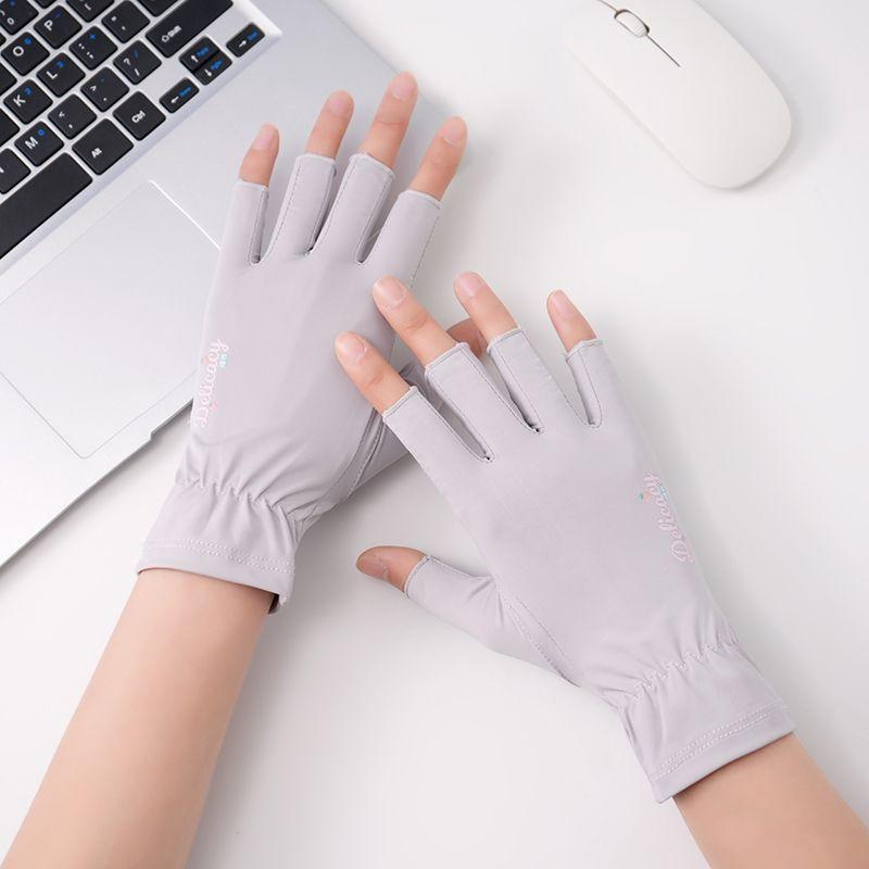 

Half Finger Gloves Women Summer Sun Protection Thin Ice Silk Nail Beauty UV Protection Black Driving Non-Slip Riding Breathable Elastic Printed half finger-Gray One size