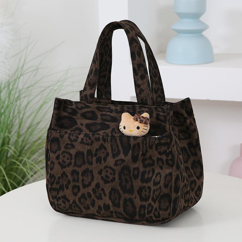 Cartoon Anime Hellokitty Large Capacity Canvas Leopard Print Handbag Office Worker Lunch Tote Bag