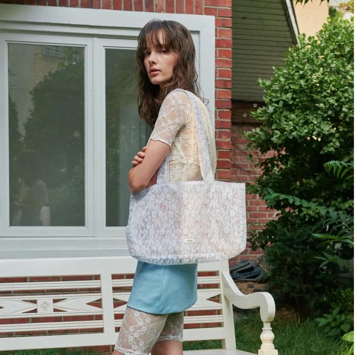 Sheer Lace shoulder bag reversible blue