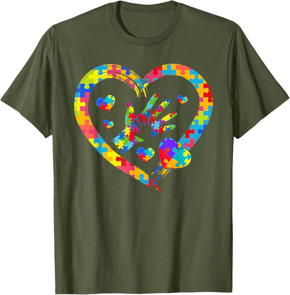 Autism Awareness Puzzle Heart Hands Love Graphic T-Shirt Casual Daily Cotton Short Sleeve Tee