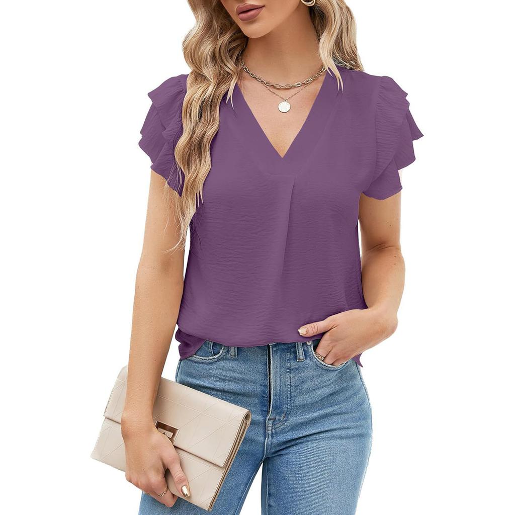 Women's Fashion Loose-Fit V-Neck Pullover T-Shirt Short Sleeve Top