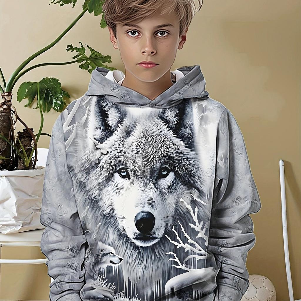 Kapuzensweatshirt für Jungen mit Wolfsmuster im 3D-Druck, lässige Alltagskleidung für Frühling und Herbst