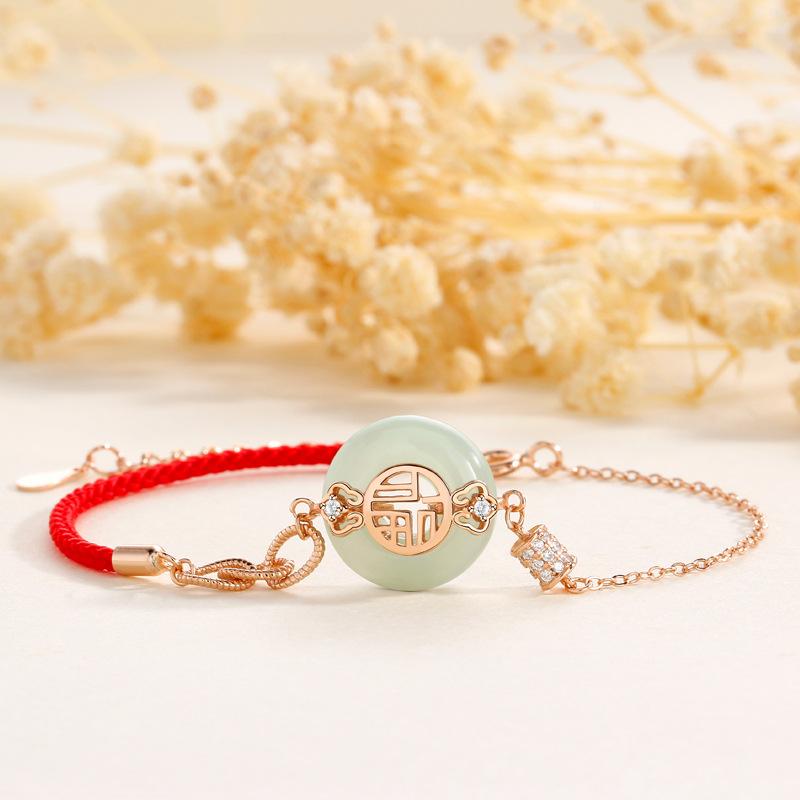 Small waist lucky safety buckle Hetian jade bracelet women Guochao new Chinese style lucky character red rope hand rope women