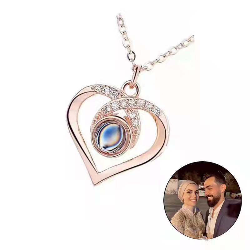 100 Languages Love Projection Necklace: Custom Photo Heart Pendant with Clavicle Chain