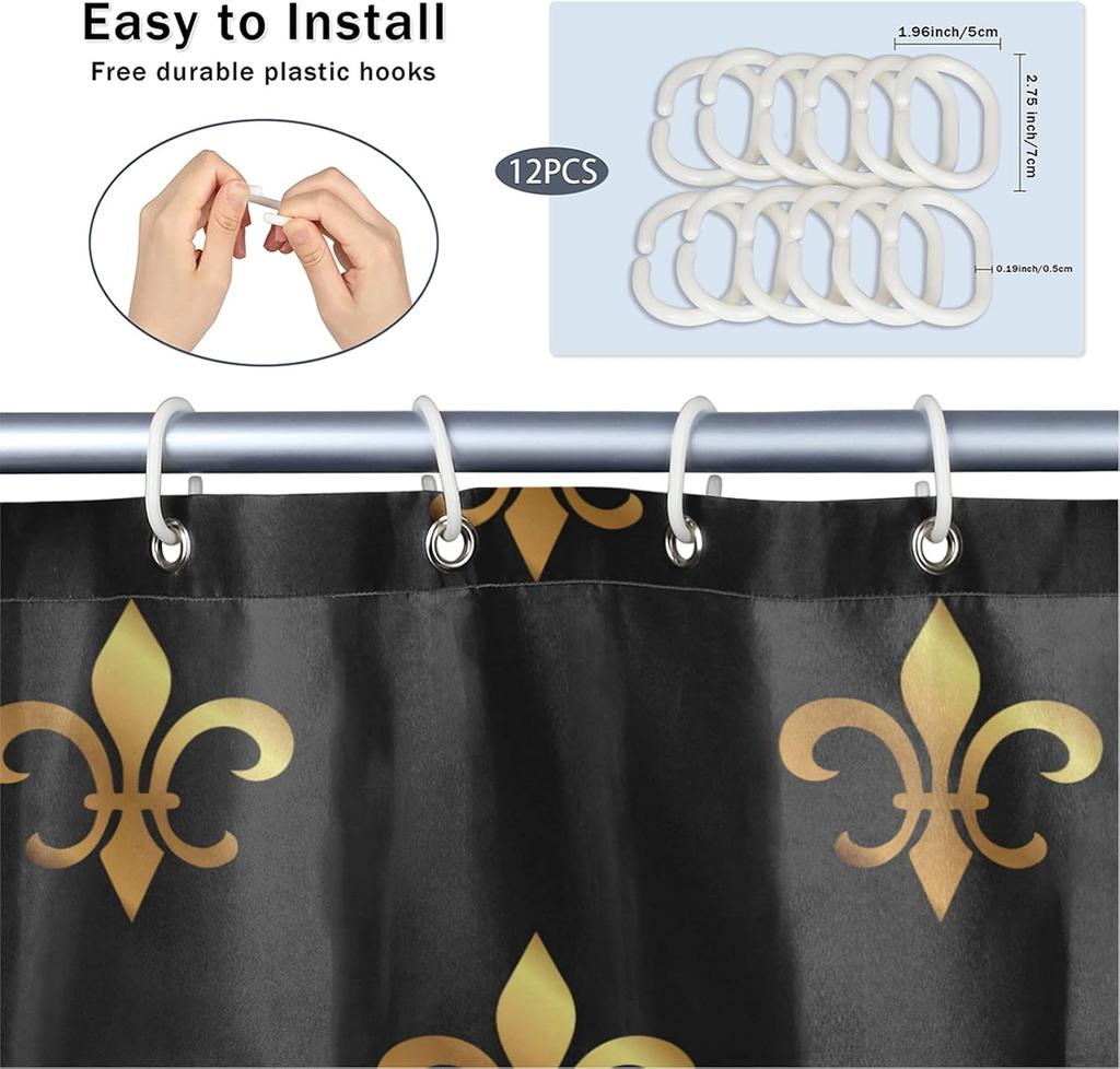 Fleur De Lis Pattern Shower Curtain, Waterproof Shower Curtain Set with 12 Hooks, Polyester Fabric Shower Curtains for Bathroom,