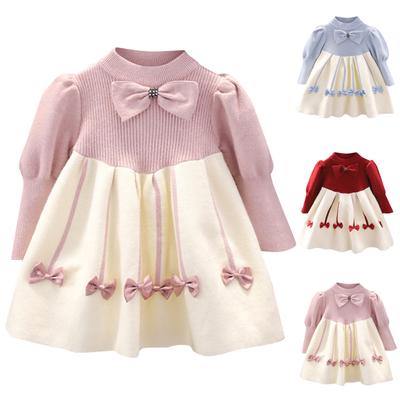 1 To 6T Kids Girls Floral Print Bowknot Dress Ribbed Round Necks Fall Dress  Girls