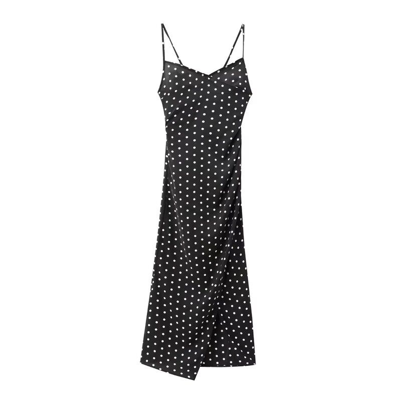 Fashion Style 2024 Summer New Arrival Women's Sling Ruched Decorative Polka Dot Print Midi Skirt Dress 2976764