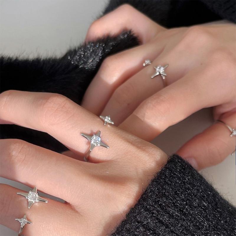 Sweet Cool Temperament Four-star Light Zircon Open Ring Cold Wind Simple Niche Design Rhinestones Ring for Women Girls