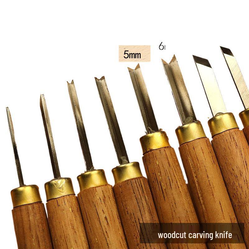 Set cuțit de sculptură în lemn: Lame plate, rotunde, bizotate pentru gravură manuală pe bloc de lemn