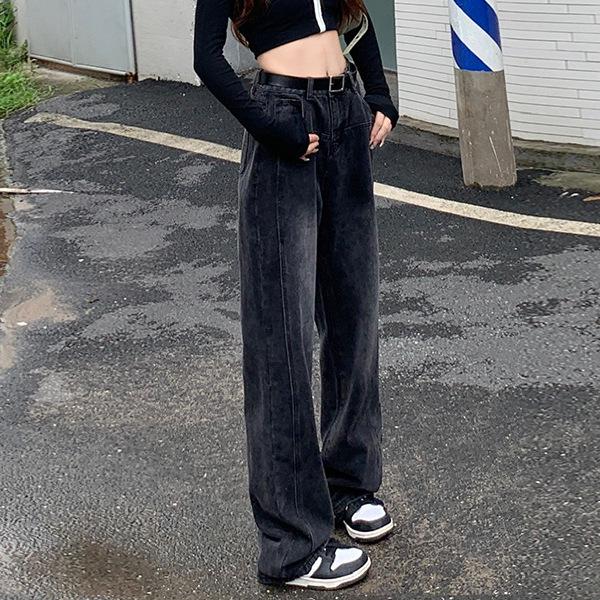 

Black Women s High-Waisted Wide-Leg Retro Jeans - Slimming, Versatile, Floor-Length Pants 2XL
