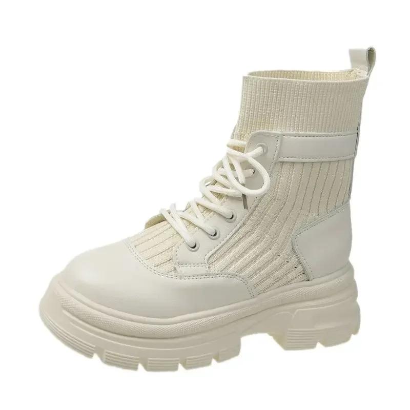 Dámské kozačky Létající pletenina Podzim Zima Nové Kulatá špička Šněrovací Vysoký podpatek Pohodlné Krátké kozačky Plochý podpatek Kotníkové kozačky