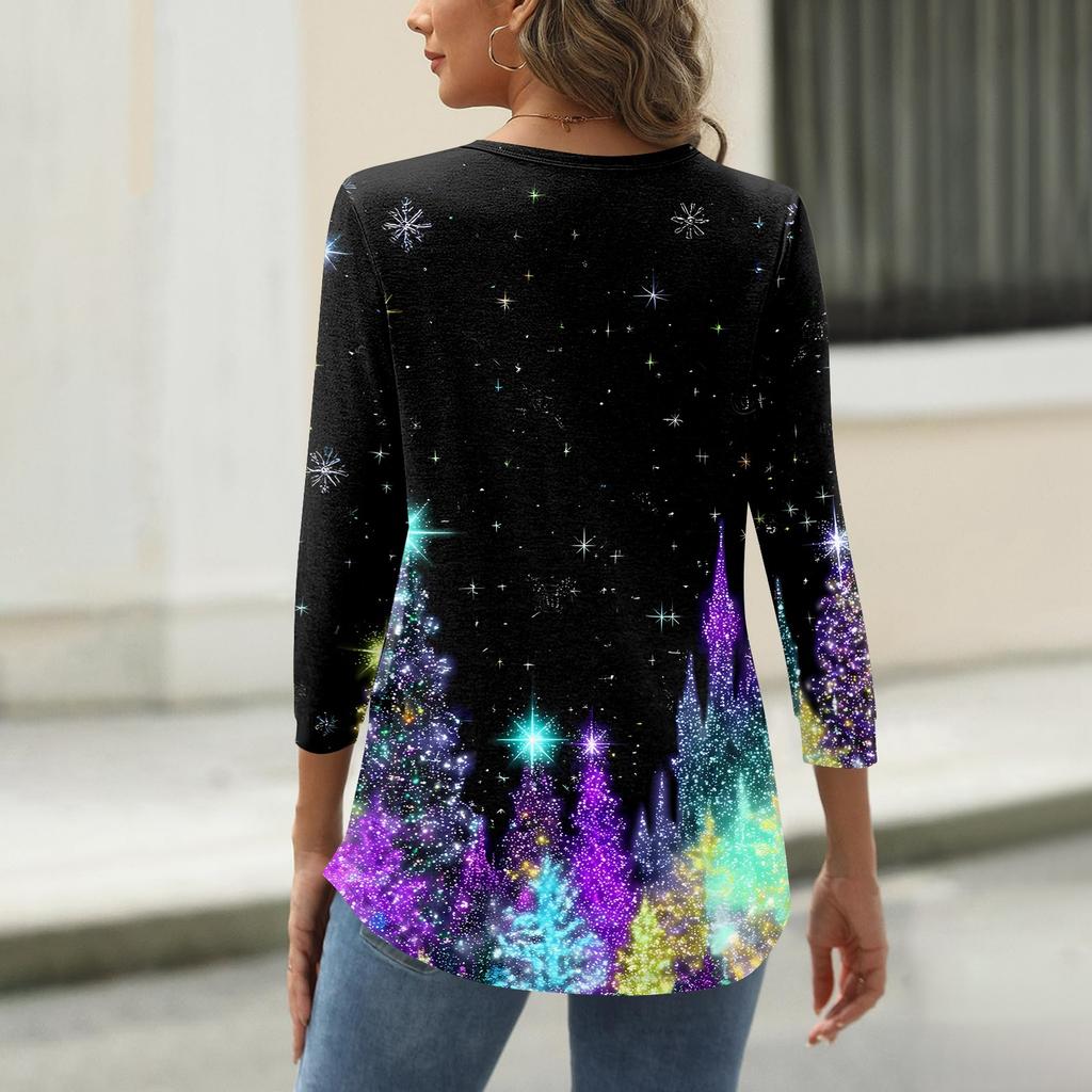 Women's T Shirt Christmas Print Button 3/4 Sleeve Daily Weekend Fashion Basic V- Neck Regular Top
