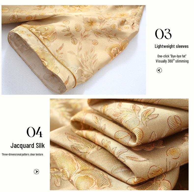 Elegant Golden Qipao-Style Dress: Silk Brocade with Gold Thread