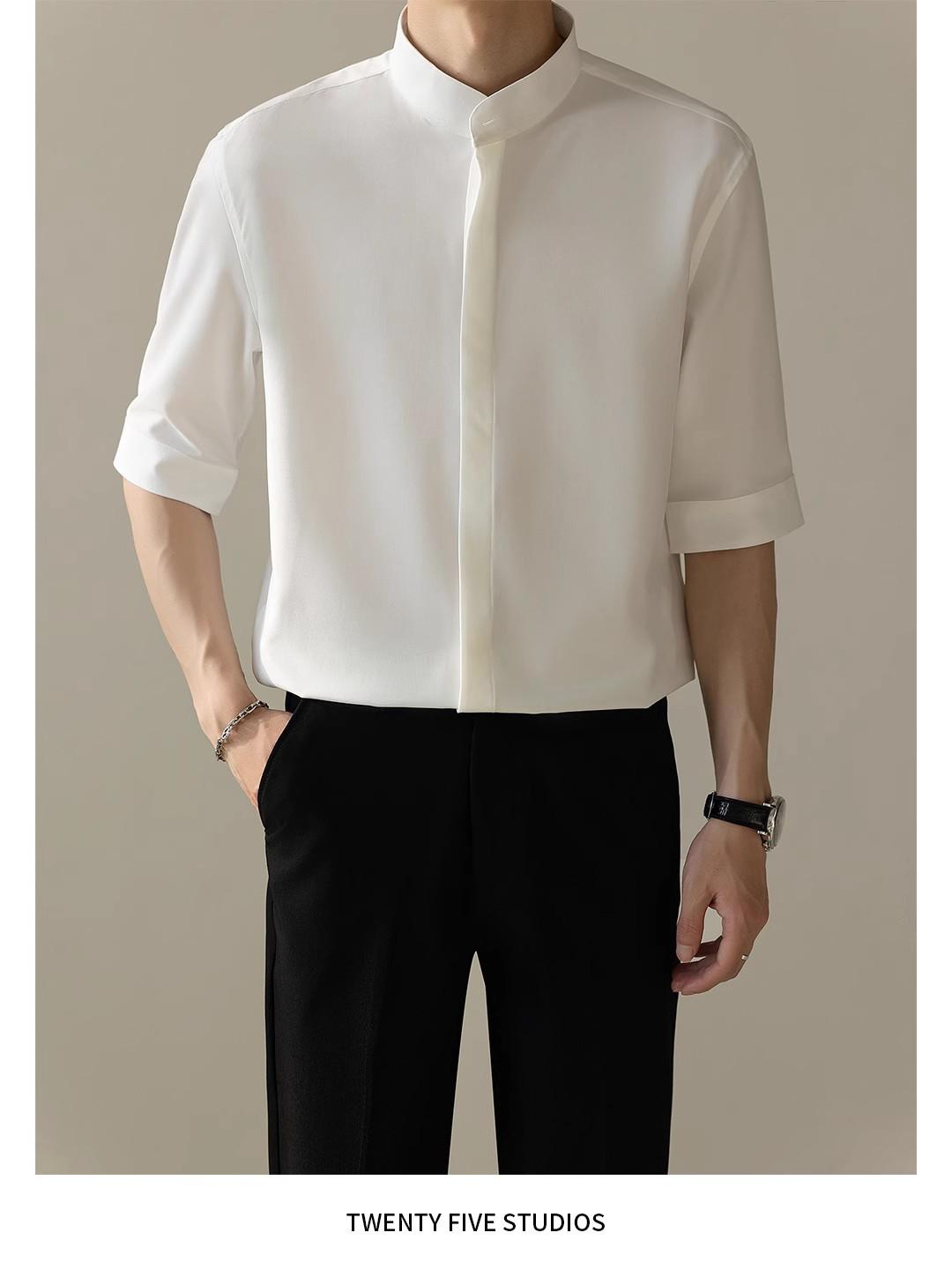 

Мужская рубашка с коротким рукавом из ледяного шелка, новый китайский стиль, облегающий крой, не требует глажки, летний корейский дизайн L белый