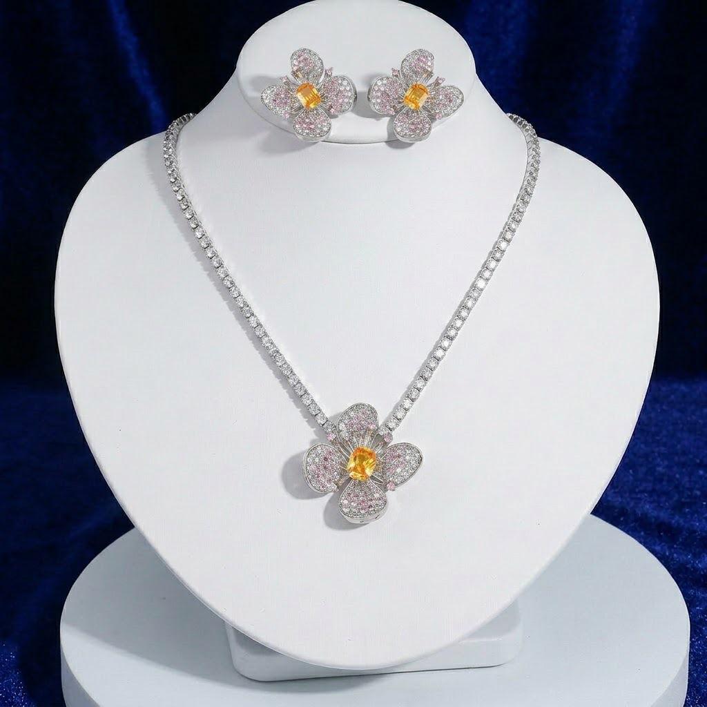 European and American Style Zircon Emerald Necklace Earrings Set with Plum Blossom Design