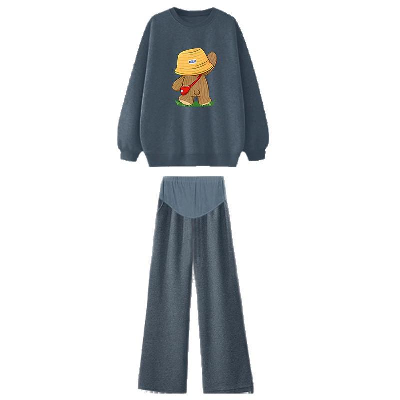 Spring 2025 Age-Reducing Women's Maternity Set: Apricot Round Neck Printed Sweatshirt & Loose Pants