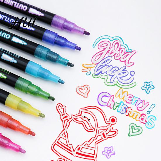 Radiating Lines Markers Dual-Tip Metallic Outline Pens Fluorescent Marker with Colorful Borders Paint Smooth Tip Highlighters for Cards Crafts & Notes