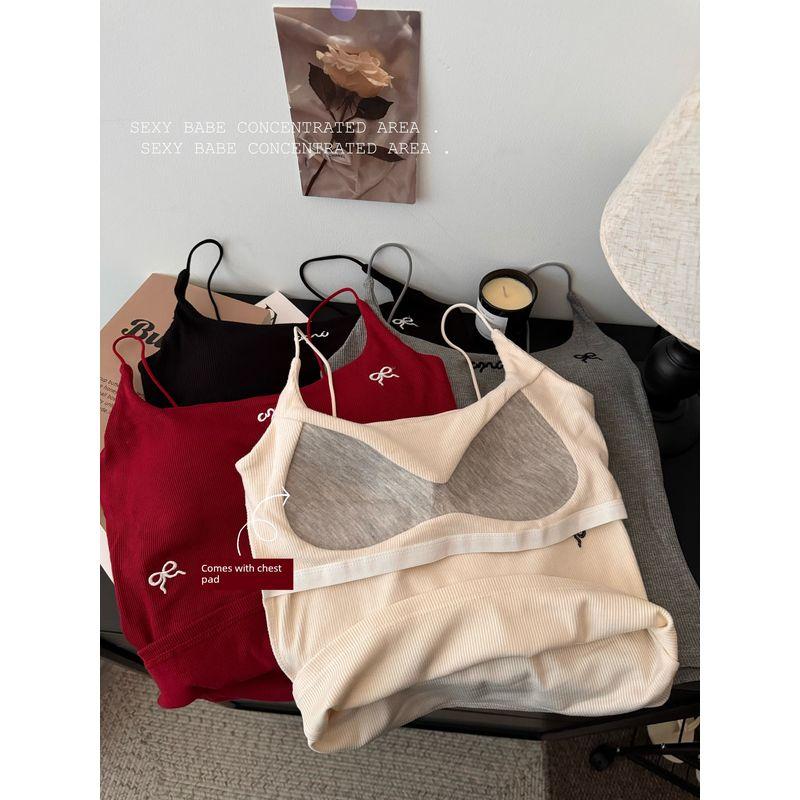 Kumikumi Pure Desire Style Bows Brushed Camisole Women's Autumn Retro with Chest Pad Short Inner Tops