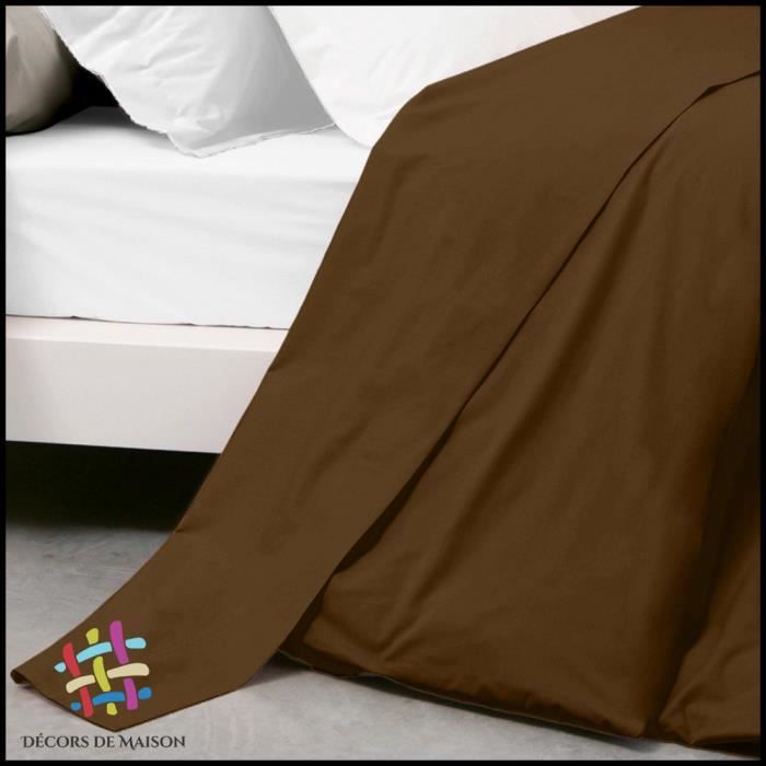 Drap Plat Uni en coton - Décors De Maison - 180x290cm - 1 Personne - Lavable en machine - Marron Foncé