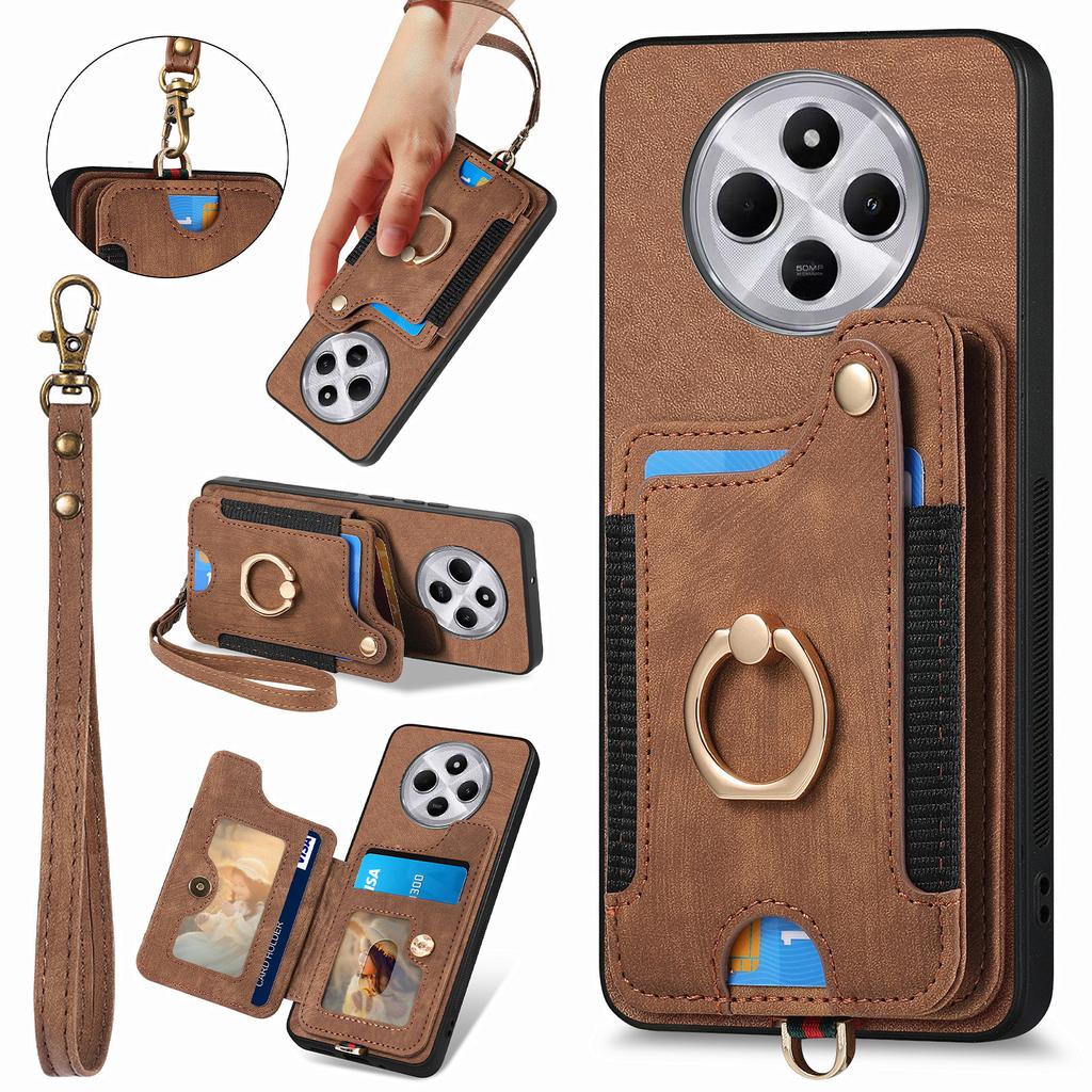 RFID Blocking Case For Xiaomi Redmi 14C 4G/14R 5G/Poco C75 4G Handbag Leather+TPU Phone Cover Card Slots,Ring Holder