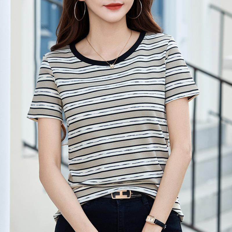Women's Striped T-shirt Short-sleeved Spring and Summer Outside The New Round Neck Knit Shirt Bottoming Inside The Shoulder Slim Top