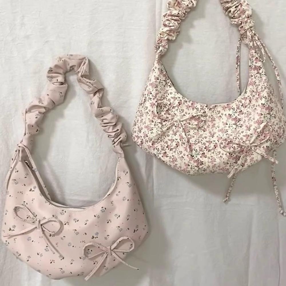 New Small Fresh Floral Shoulder Bag Drawstring Portable Pleated Dumpling Bag 2025 New Lazy Wind Underarm Women's Bag