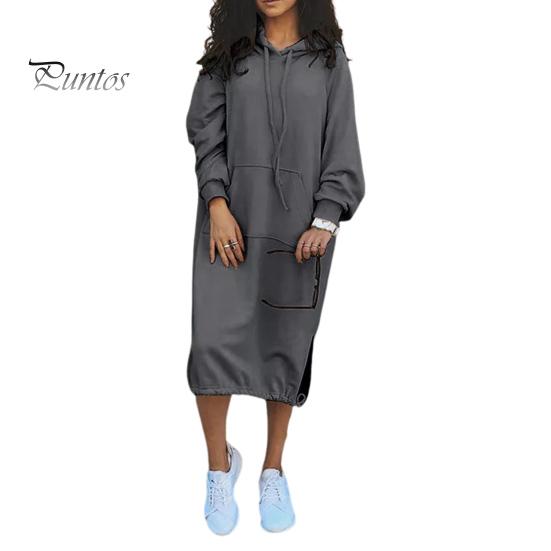 

Женское платье осень-весна с регулируемым подолом, затягивающимся шнурком, капюшоном, разрезом по низу, накладным карманом, свободное однотонное платье миди с длинными рукавами, плотное платье S серый
