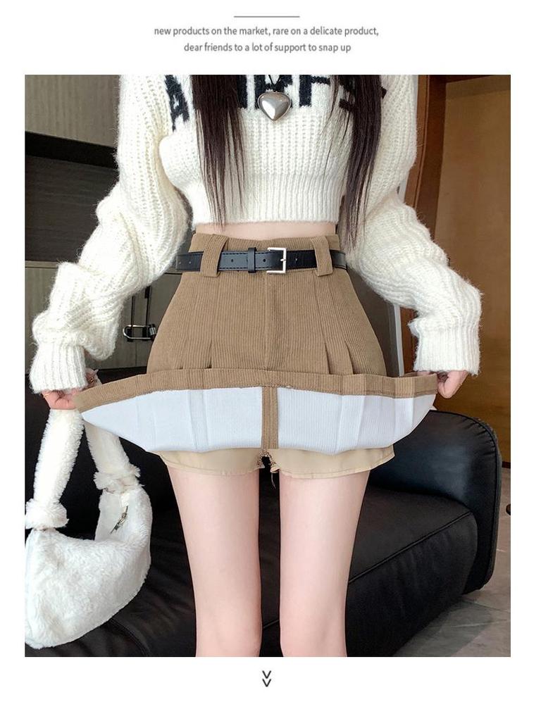 2026 Autumn/Winter Korean Academy Corduroy High-Waist A-line Pleated Skirt