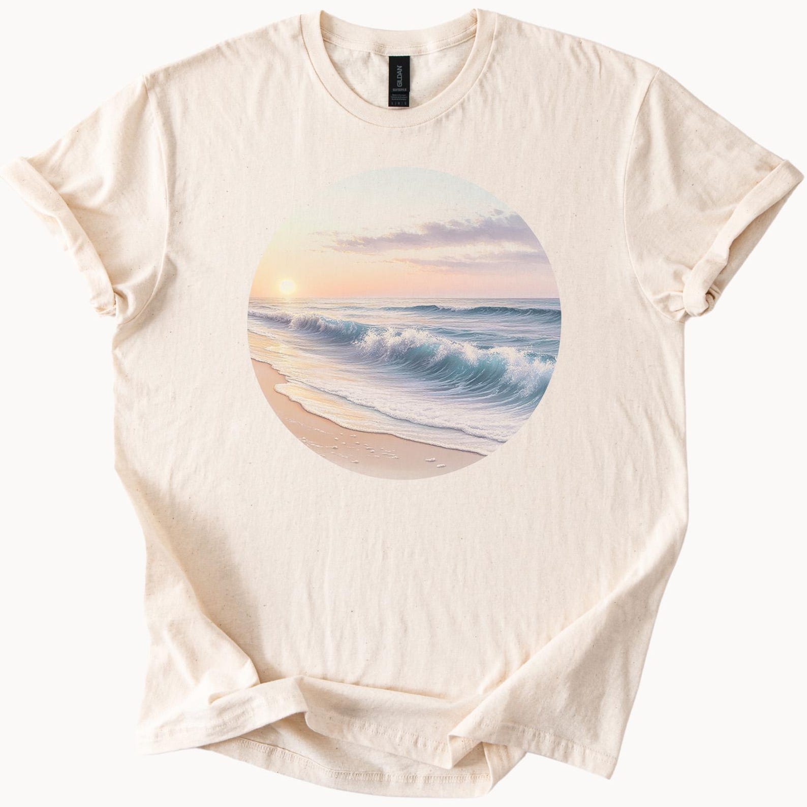Sunset Ocean Waves Graphic Tee Beach Sunrise Surf Art Shirt Coastal Scene Pastel Sea Shoreline Aesthetic T Shirt Gift 150