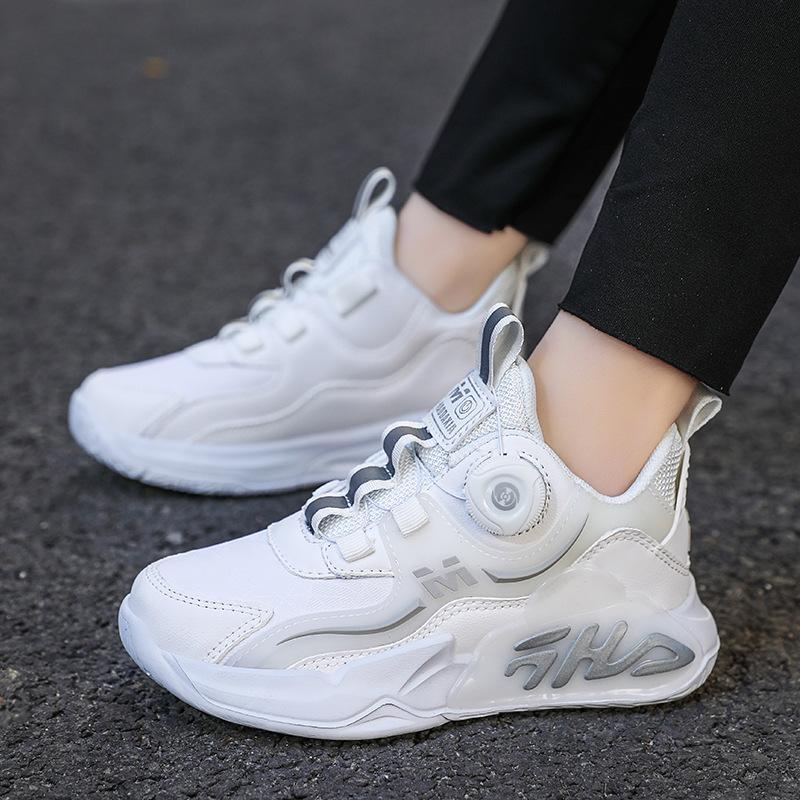 Autumn leather new children's sports shoes, boys and girls breathable rotating buckle sports running shoes shock absorption and non-slip