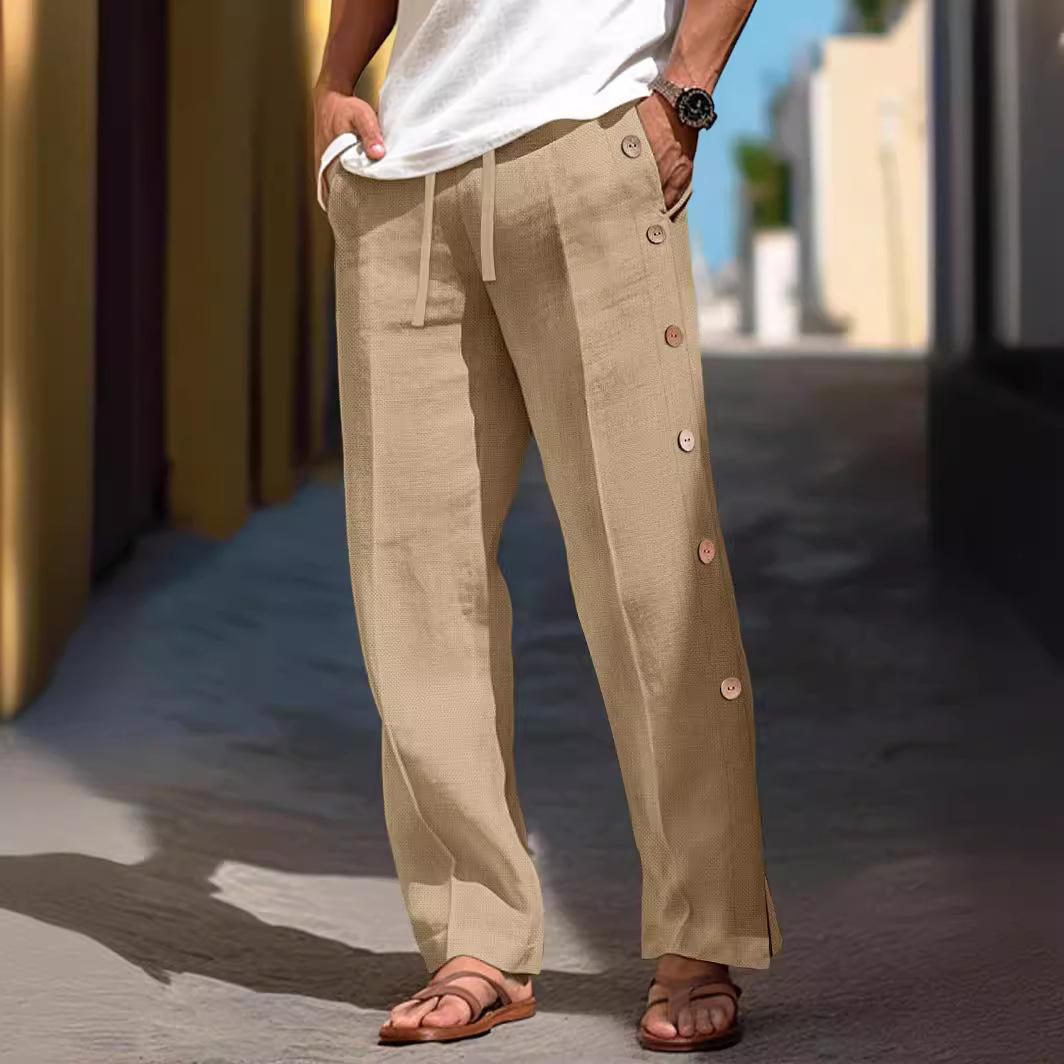 

Men s Casual Green Wide Leg Pants with Side Button Details and Matching White T-Shirt XXL темного кольору хакі