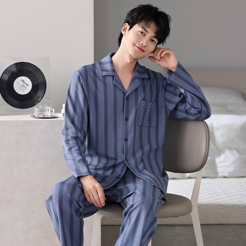 Pure Cotton Pajamas Men'S Spring And Autumn Long-Sleeved Cotton Autumn And Winter Thin Large-Size Loungewear Set
