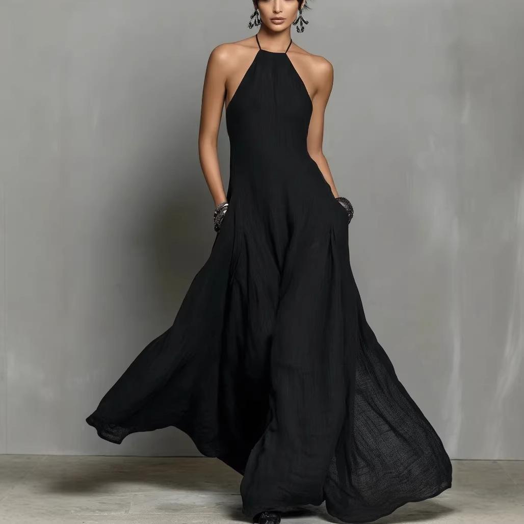 2026 European and American independent station spring and summer new cotton and linen blended simple backless sleeveless long dress XS