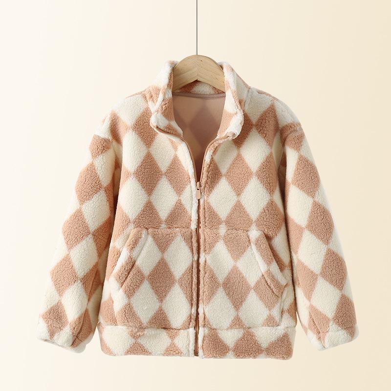 Kinder Lockerer Stehkragen Karomuster Fleece Wintermantel Für Jungen Und Mädchen