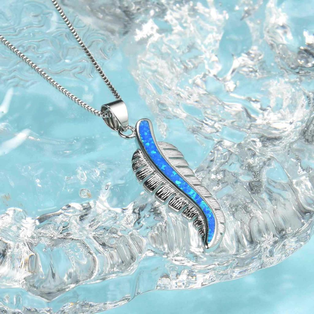 Trending TikTok INS Blue Copper Alloy Feather Necklace-Opal Inlaid Pendant Silver Plated Women's Trendy Sweater Chain Jewelry
