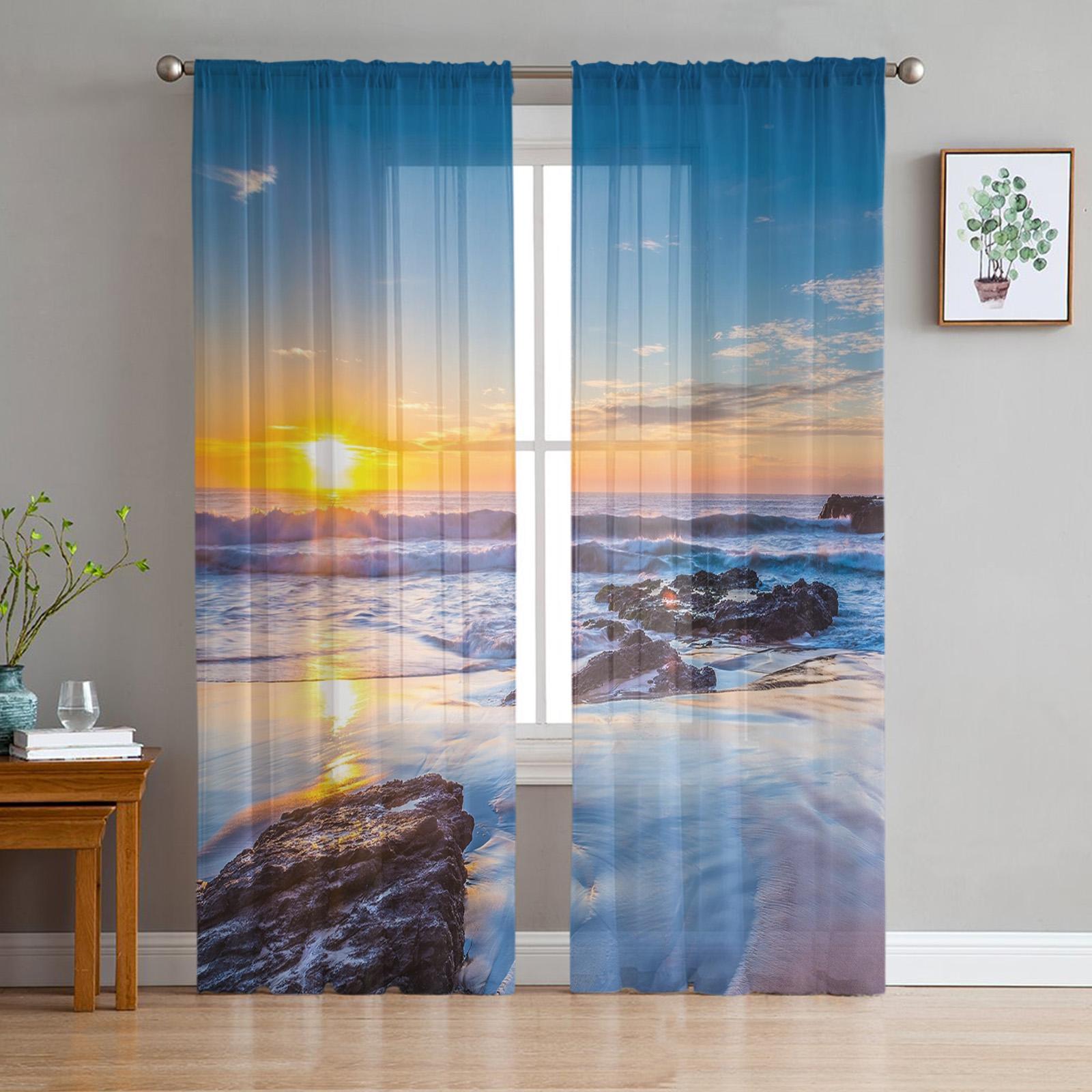 

Прозрачные шторы для гостиной, пляжа, моря, кокосовой пальмы, детской спальни, балкона, большие шторы, занавески для кухни, столовой 135W x 114H(cm)